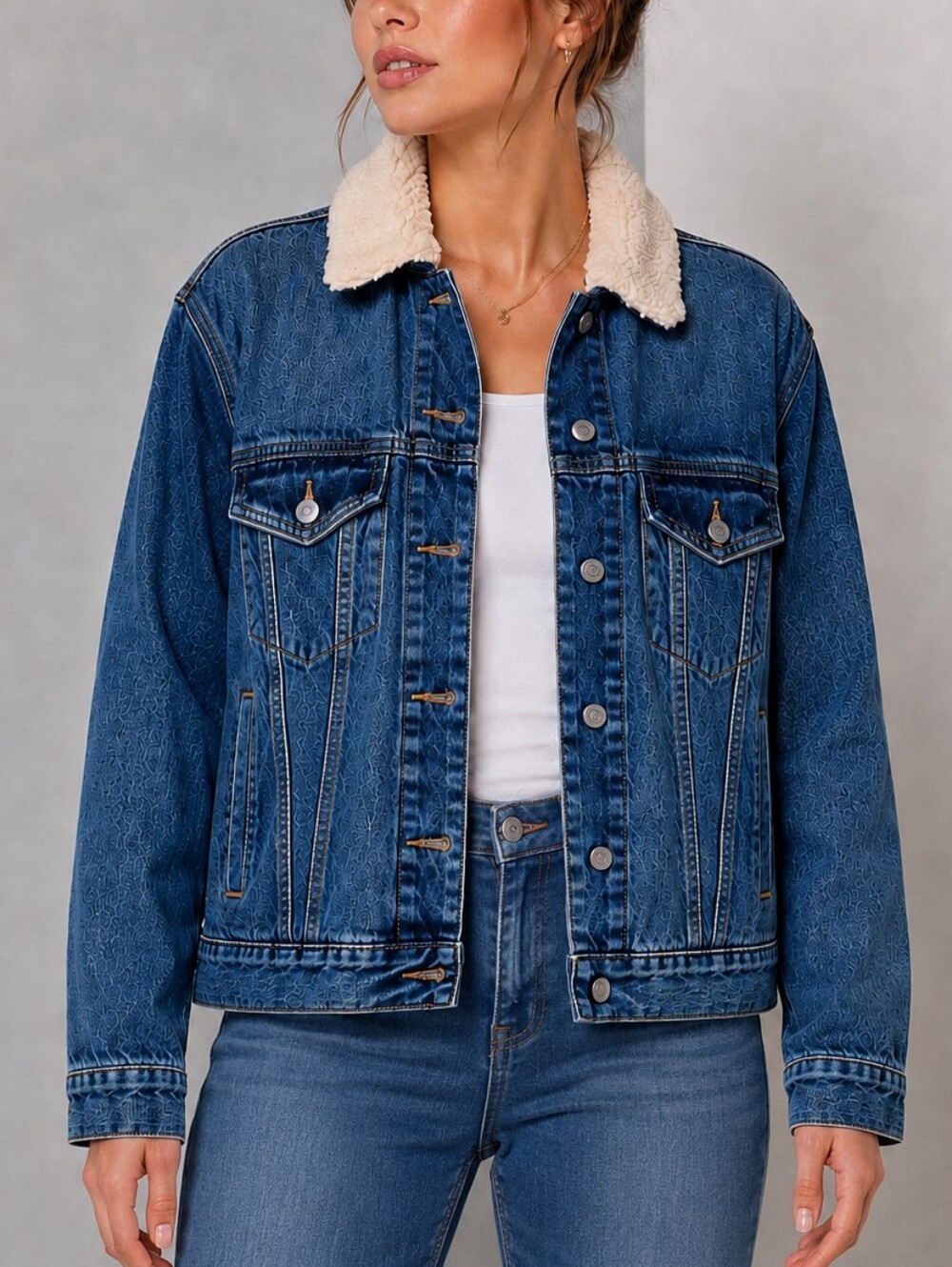 Victoria Secret Pink Unveil Blue Denim Sherpa Trucker Jacket Size Large (NEW)